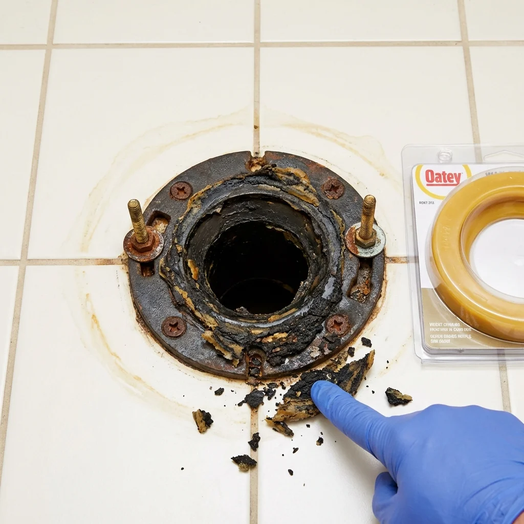 Failed wax ring showing water seepage at the base of a toilet in a Powell, WY home